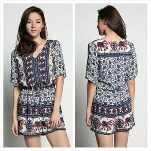 Love Bonito Blue White Red Elephant Boho Pathyia Romper Playsuit Shorts